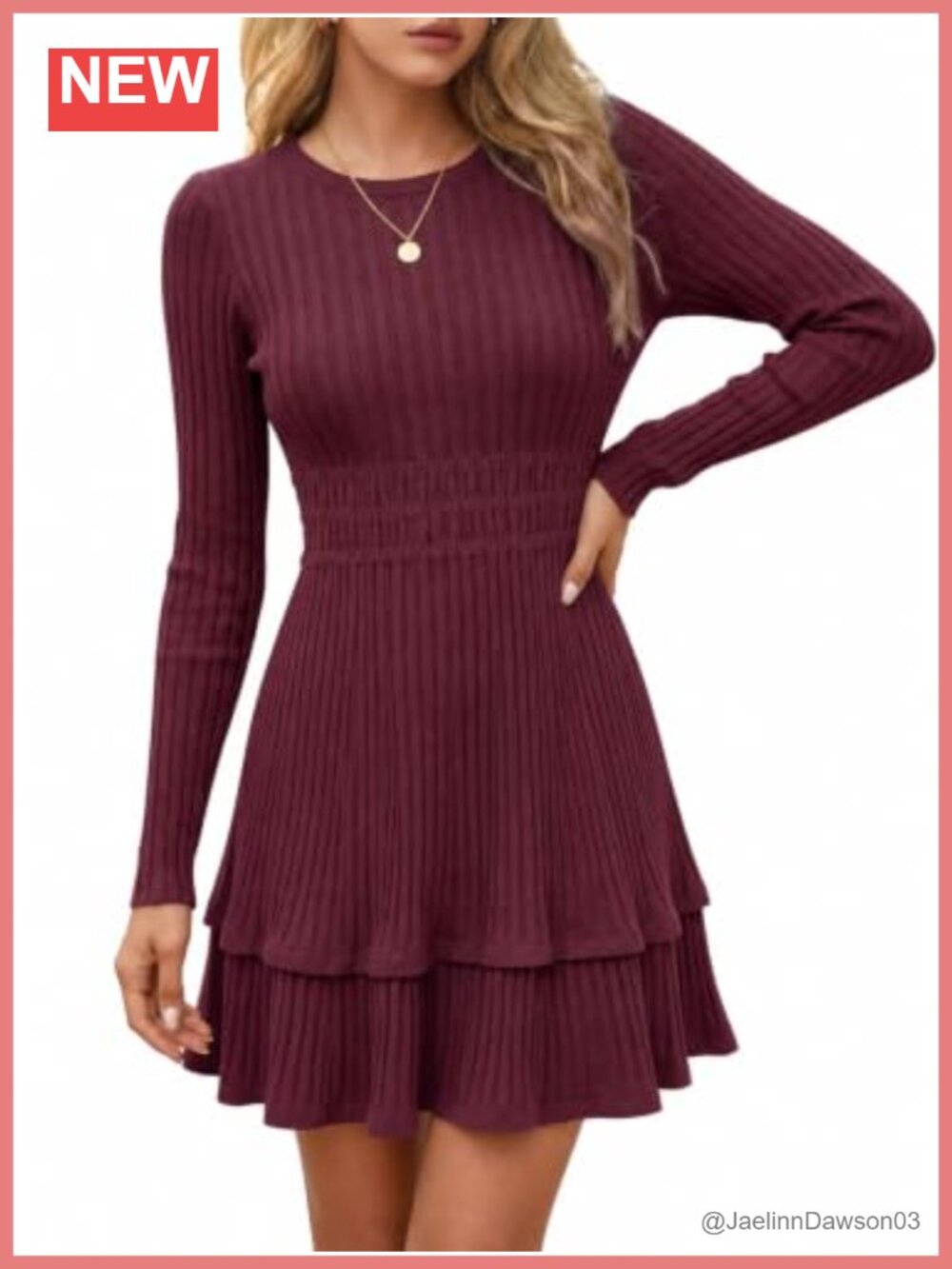 Womens Long Sleeve Ribbed Knit Sweater Dress Tiered Mini A-Line Smocked Fall